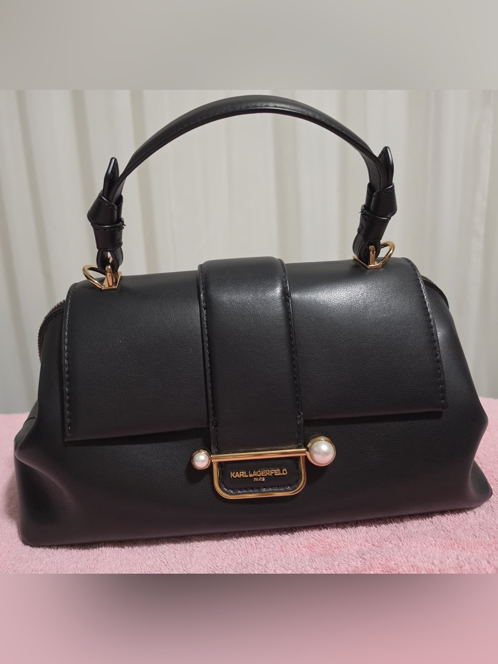 Karl Lagerfeld Black Leather Satchel with Pearl and Gold Accents